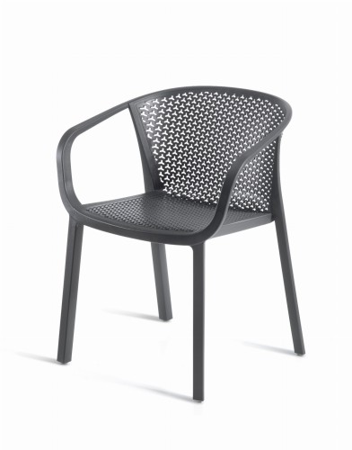 krzesło outdoor, nowoczesne krzesło, meble ogrodowe, odporność na warunki, perforowane oparcie, podłokietniki, ergonomia, komfort, styl industrialny, sztaplowanie, ogródek restauracyjny, balkon, trwałość, design