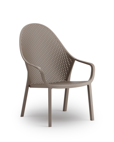 fotel outdoor, meble ogrodowe, perforowane oparcie, podłokietniki, ergonomia, komfort, styl industrialny, sztaplowanie, ogródek restauracyjny, balkon, trwałość, design