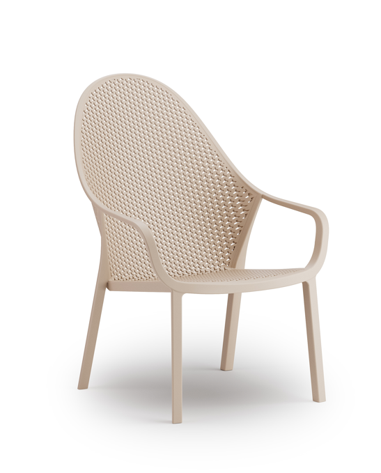 fotel outdoor, meble ogrodowe, perforowane oparcie, podłokietniki, ergonomia, komfort, styl industrialny, sztaplowanie, ogródek restauracyjny, balkon, trwałość, design