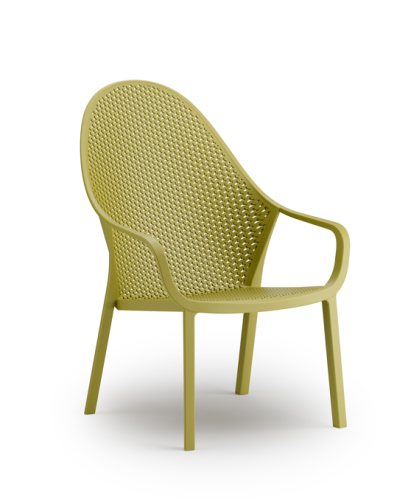 fotel outdoor, meble ogrodowe, perforowane oparcie, podłokietniki, ergonomia, komfort, styl industrialny, sztaplowanie, ogródek restauracyjny, balkon, trwałość, design