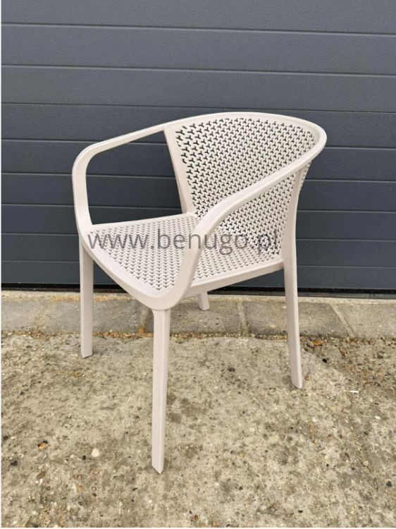 krzesło outdoor, nowoczesne krzesło, meble ogrodowe, odporność na warunki, perforowane oparcie, podłokietniki, ergonomia, komfort, styl industrialny, sztaplowanie, ogródek restauracyjny, balkon, trwałość, design